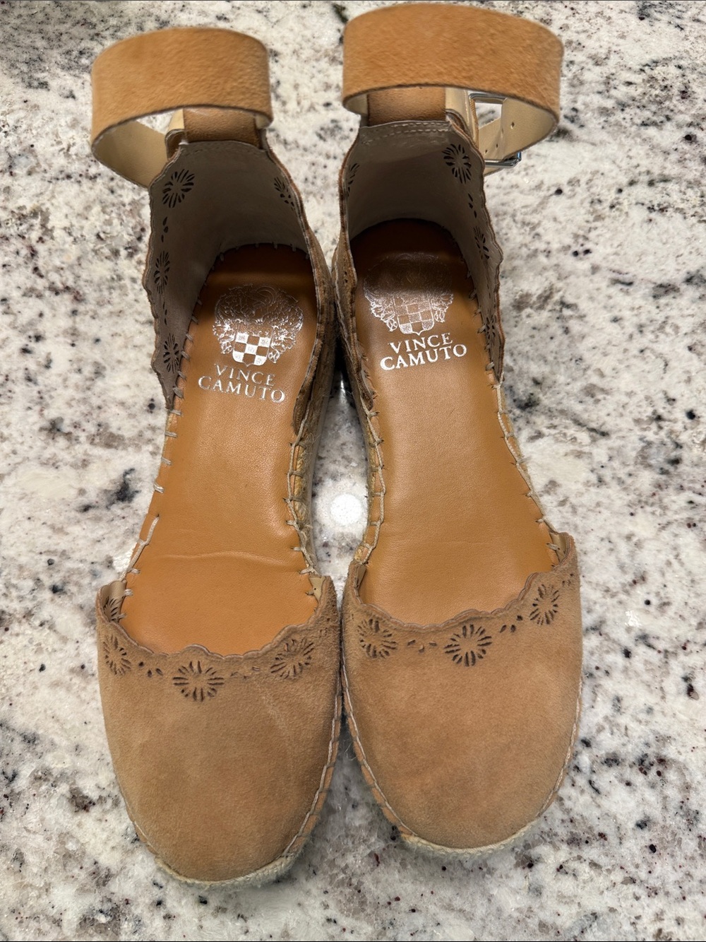 Vince Camuto Tan Suede Laser-Cut Espadrille Wedge Sandals